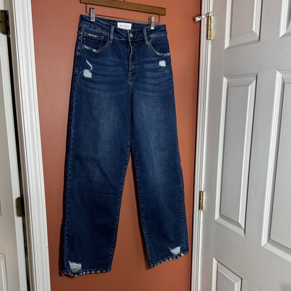 KanCan Wide Leg Distressed Jeans - Dark Blue